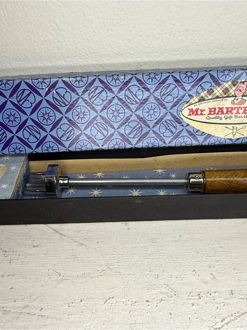 Vtg Mr. Chips Ice Chipper Bottle Opener, Wood Handle IOB Mr. Bartender LA Cali